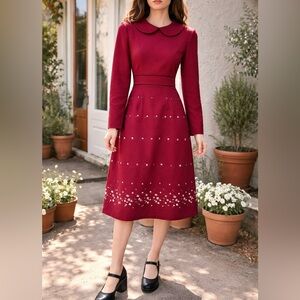 VINTAGE RED HOUSE 70S BURGUNDY EMBROIDERED MIDI DRESS PETER PAN COLLAR SIZE 38-M
